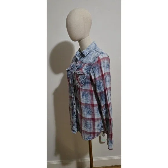 Pull & Bear Women's Small Plaid Western Button Up Flannel Lined Shirt Top Denim - Picture 10 of 16